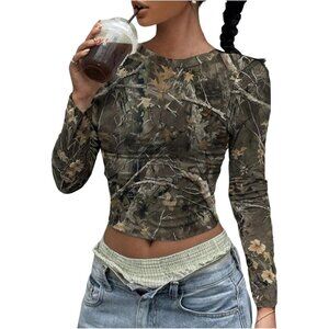 Women's Y2k Camo T Shirt Crew Neck Long Sleeve Slim Fit Tee Going Out Crop Tops